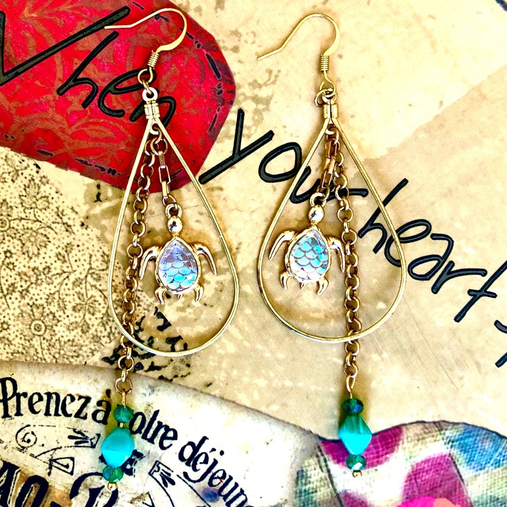Hawaiian Turtle Charm Gold Dangle Earrings